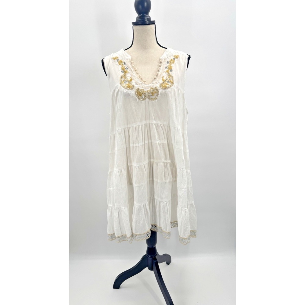 Free People White Cotton Tiered Dress Medium Beach Cover Up Gold Crochet Trim - Picture 2 of 12